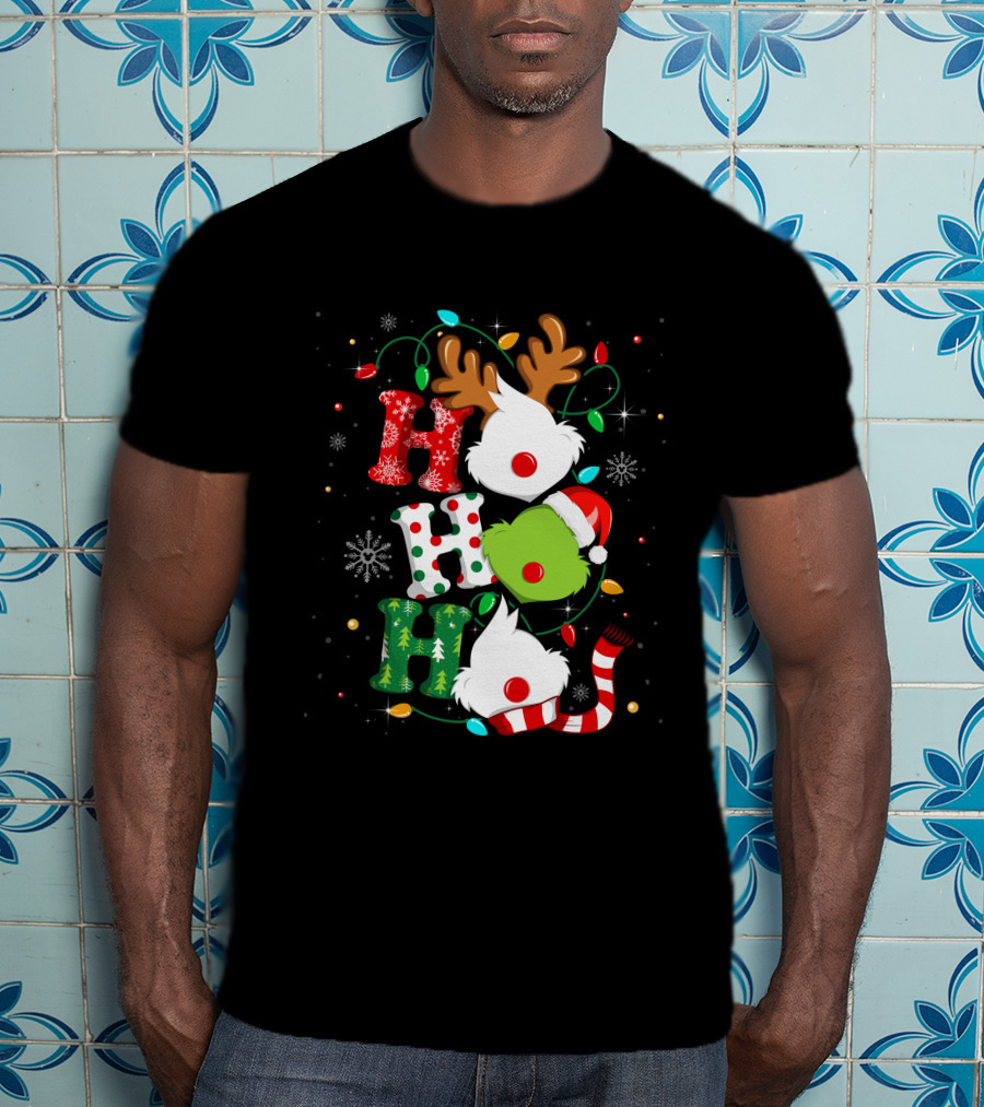 Grinch Ho Ho Ho Christmas Lights Reindeer Santa Hat Snowflakes T-Shirt