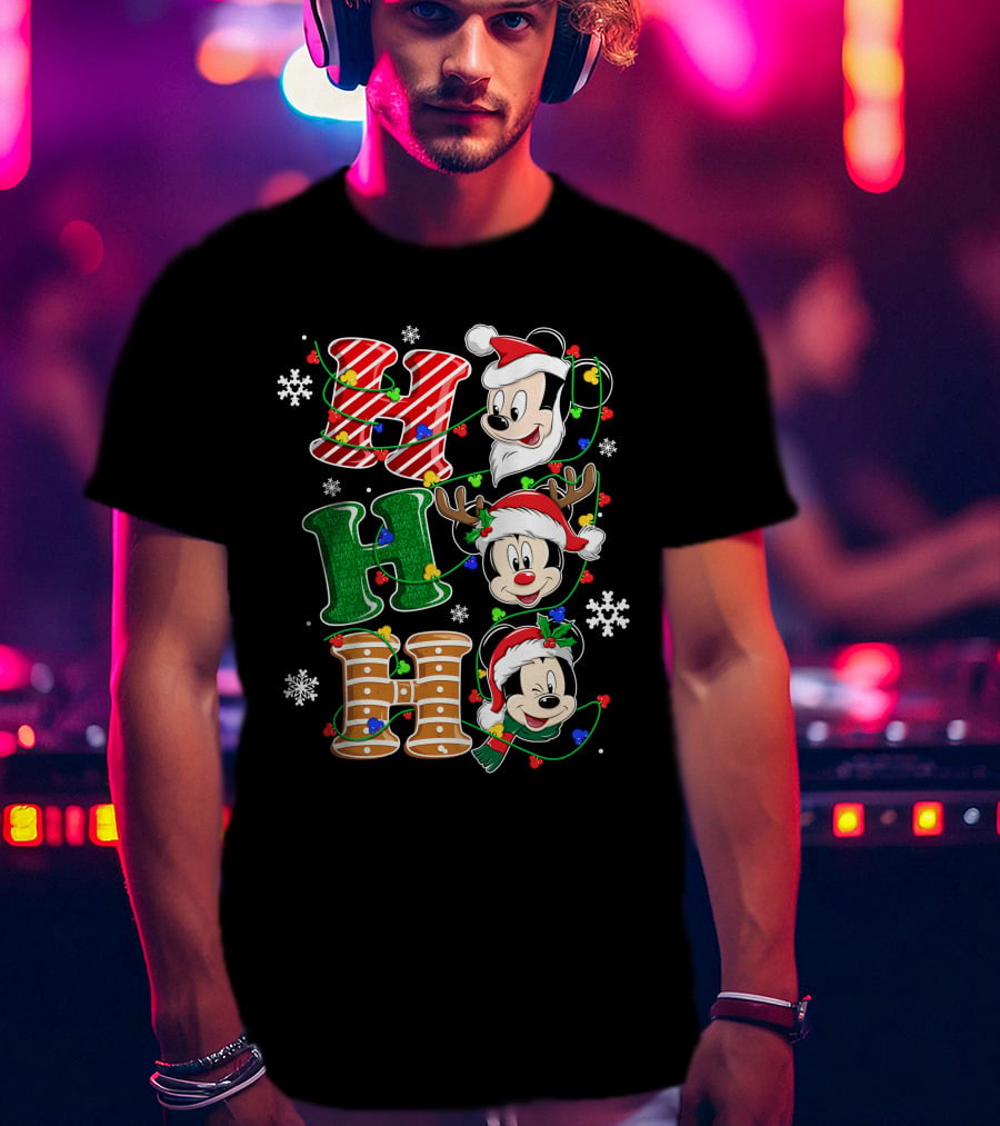 Mickey Mouse Hohoho Christmas Santa Reindeer Lights T-Shirt