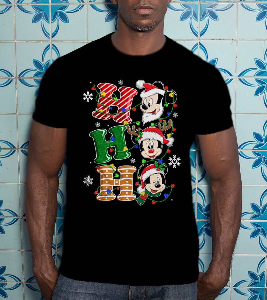 Mickey Mouse Hohoho Christmas Santa Reindeer Lights T-Shirt