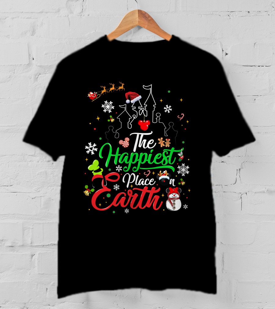 The Happiest Place On Earth Christmas Santa Snowman Gingerbread Reindeer Castle T-Shirt