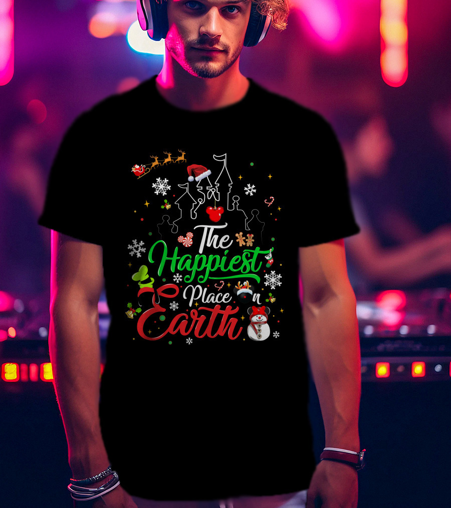 The Happiest Place On Earth Christmas Santa Snowman Gingerbread Reindeer Castle T-Shirt