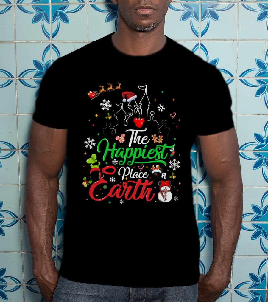 The Happiest Place On Earth Christmas Santa Snowman Gingerbread Reindeer Castle T-Shirt