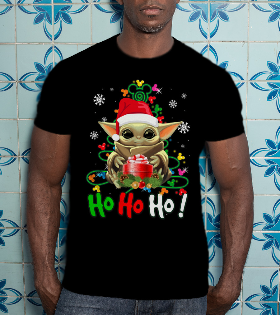 Ho Ho Ho Baby Yoda Christmas Santa Hat Gift Snowflakes T-Shirt