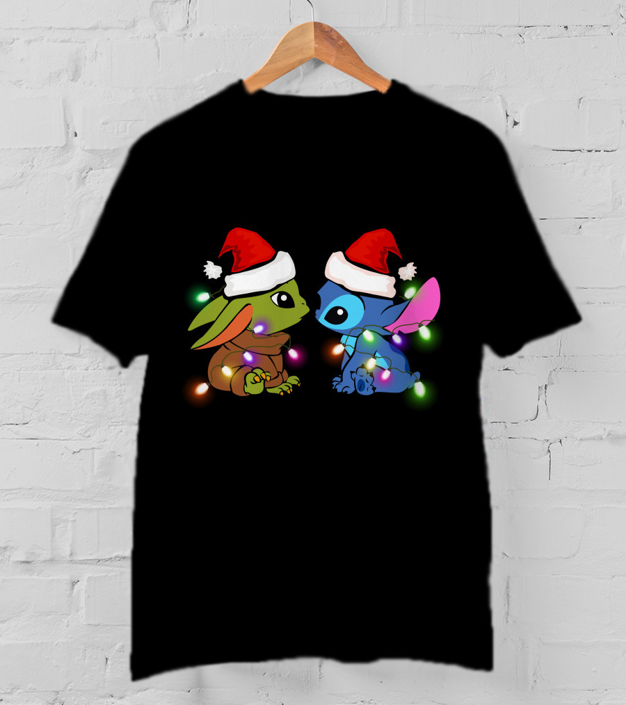 Santa Hat Baby Yoda And Stitch Christmas Lights T-Shirt