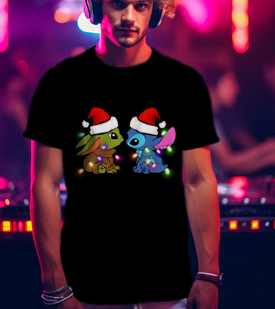 Santa Hat Baby Yoda And Stitch Christmas Lights T-Shirt