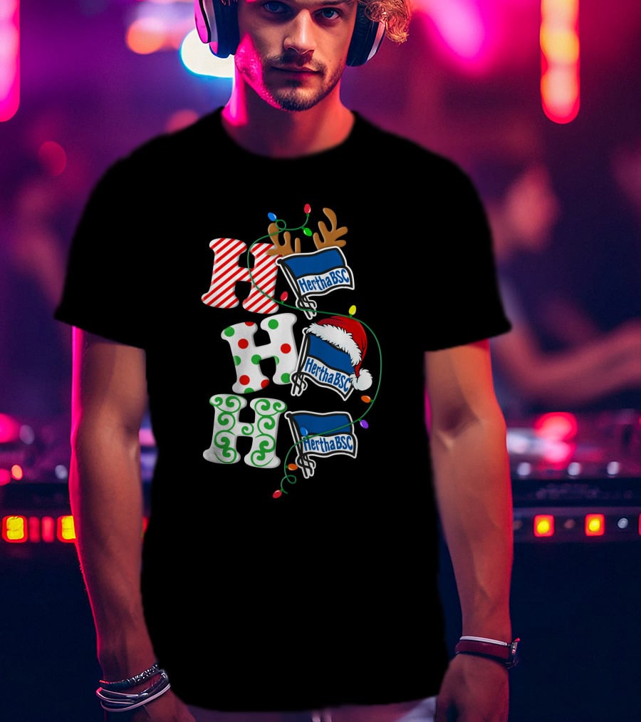 Hertha BSC Ho Ho Ho Christmas Lights Reindeer Santa Hat T-Shirt