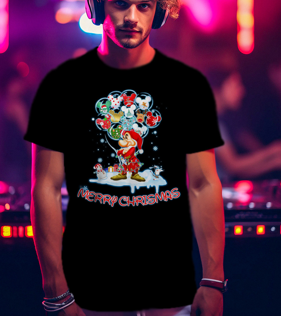 Grumpy Character With Festive Balloons Merry Christmas T-Shirt