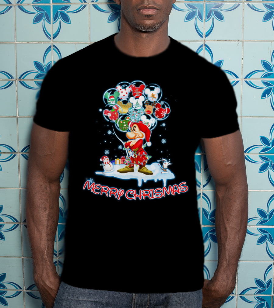 Grumpy Character With Festive Balloons Merry Christmas T-Shirt