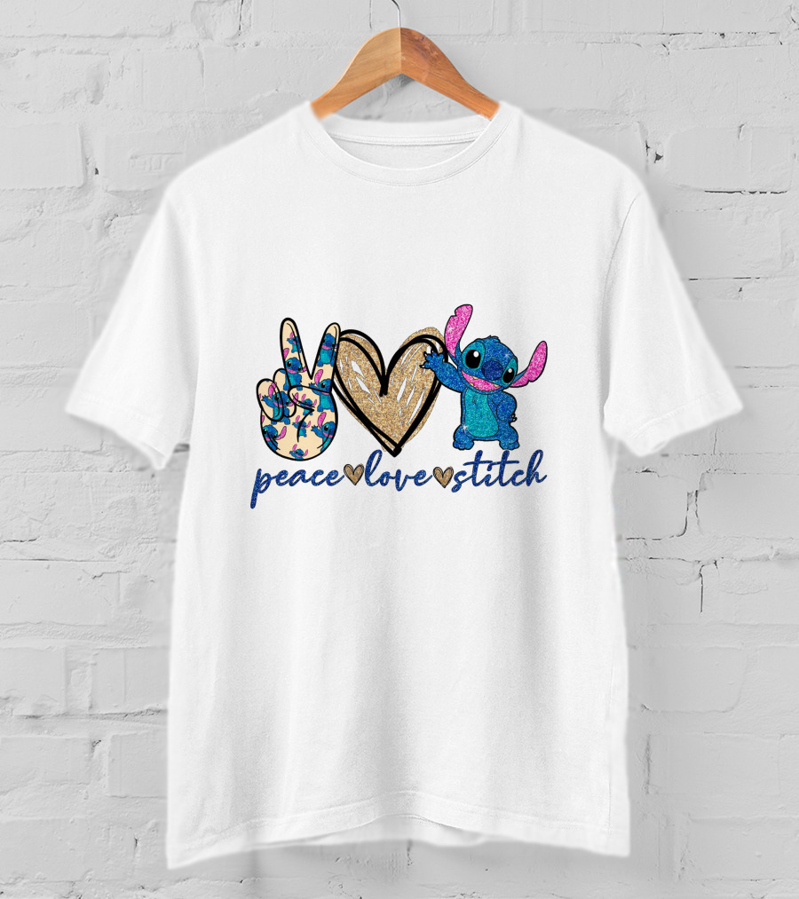 Peace Love Stitch Alien Character With Peace And Heart Symbols T-Shirt