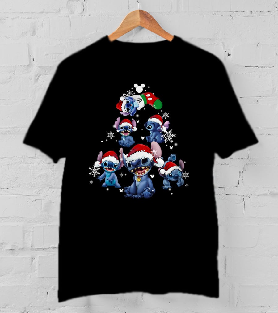 Stitch Christmas Tree With Santa Hat And Snowflakes T-Shirt