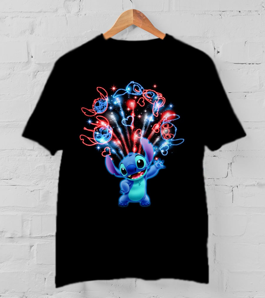 Stitch Magic Fireworks Burst Hearts And Glasses T-Shirt