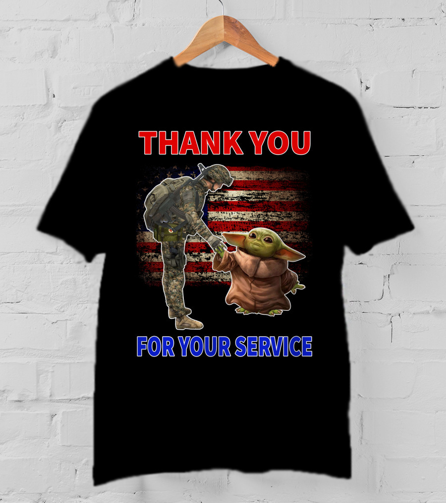 Thank You For Your Service Baby Yoda American Flag Soldier Handshake T-Shirt