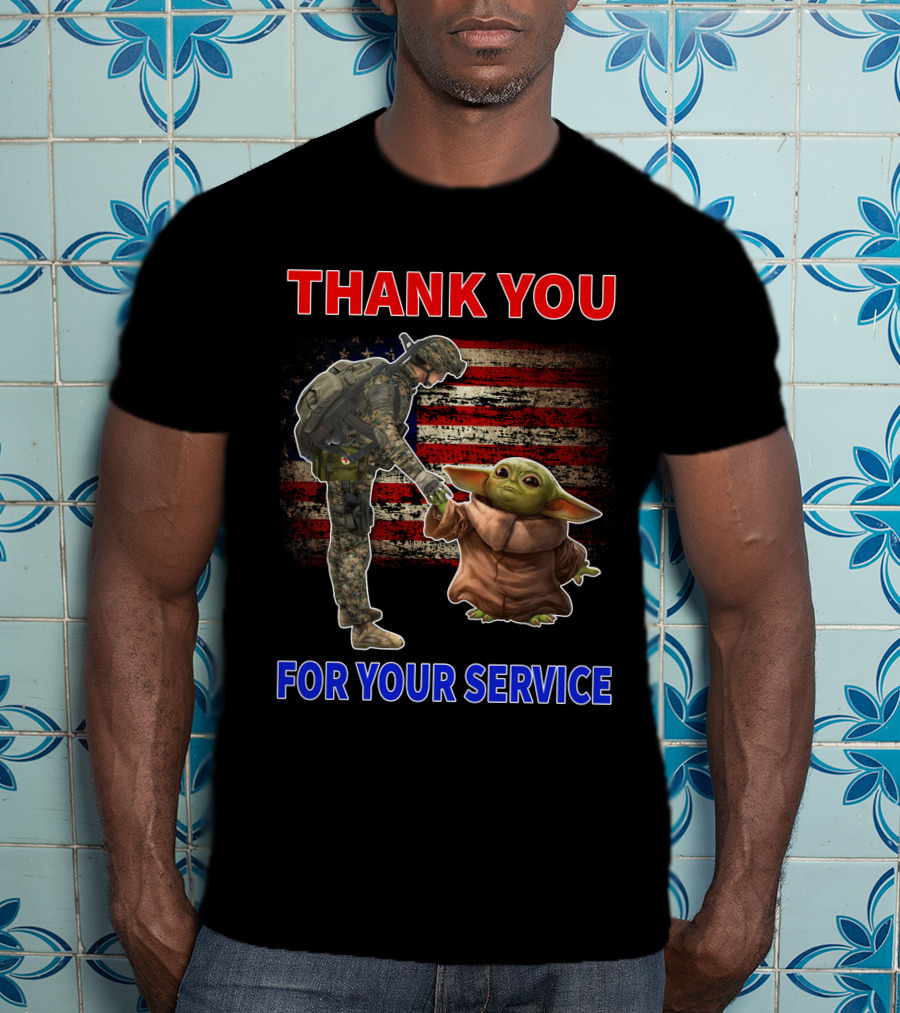 Thank You For Your Service Baby Yoda American Flag Soldier Handshake T-Shirt