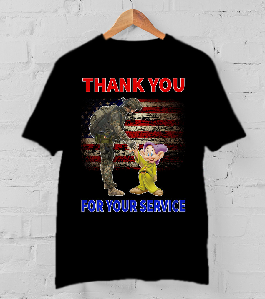 Thank You For Your Service With Soldier And Dopey American Flag Background T-Shirt