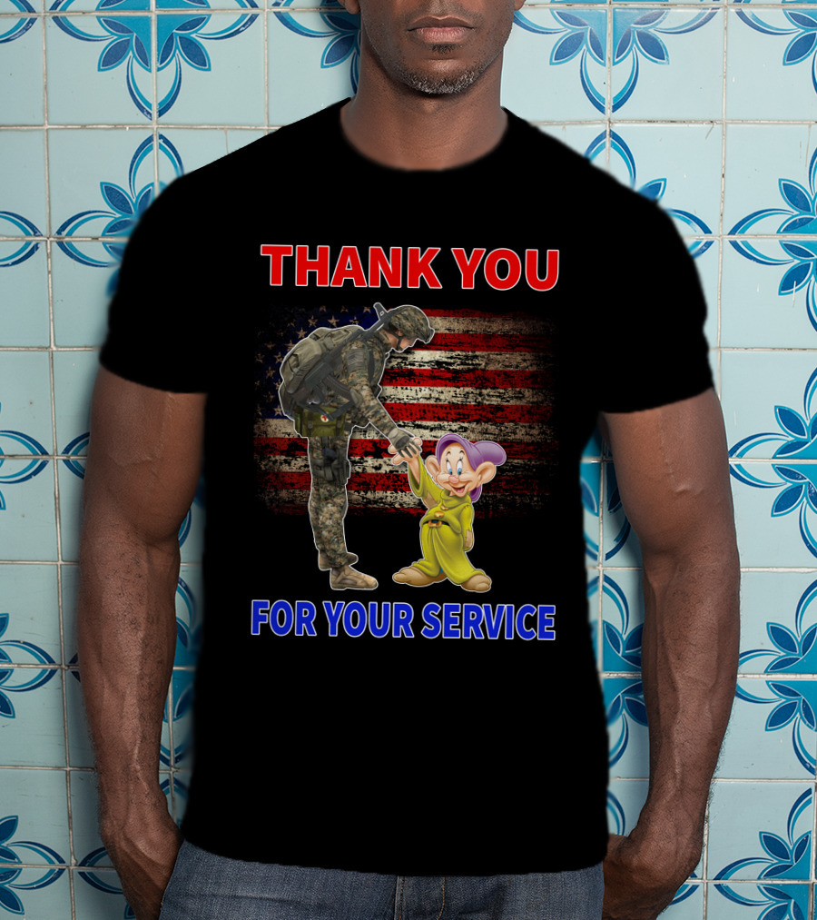 Thank You For Your Service With Soldier And Dopey American Flag Background T-Shirt
