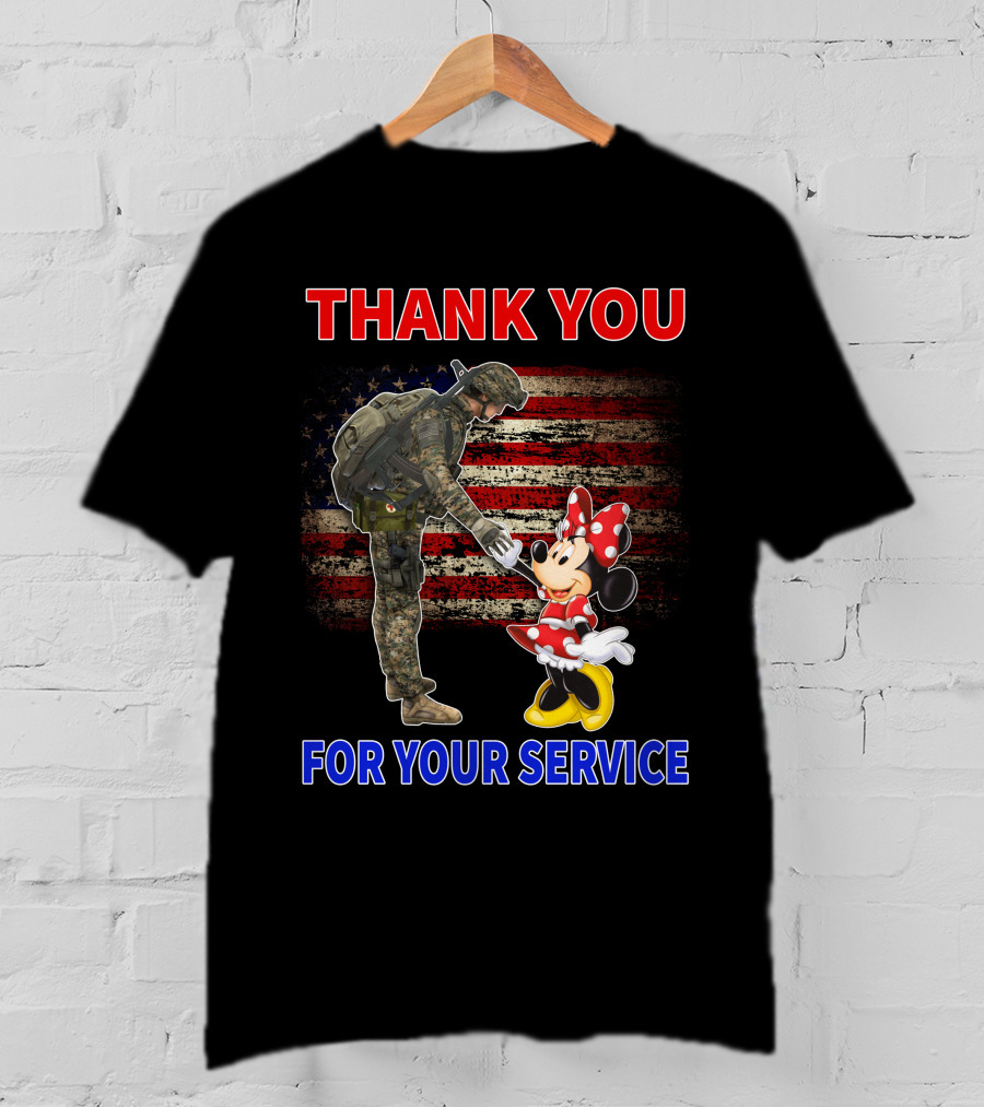 Thank You For Your Service Soldier And Minnie Mouse With American Flag Background T-Shirt