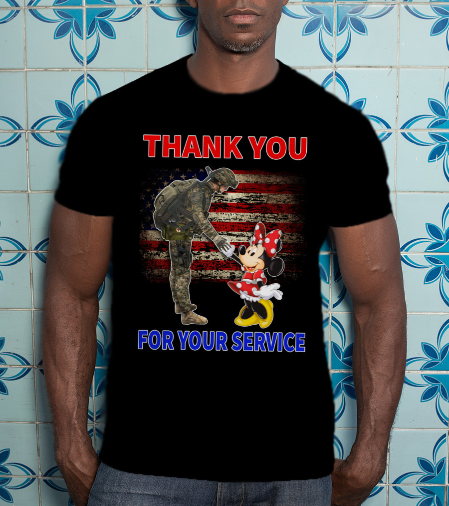 Thank You For Your Service Soldier And Minnie Mouse With American Flag Background T-Shirt