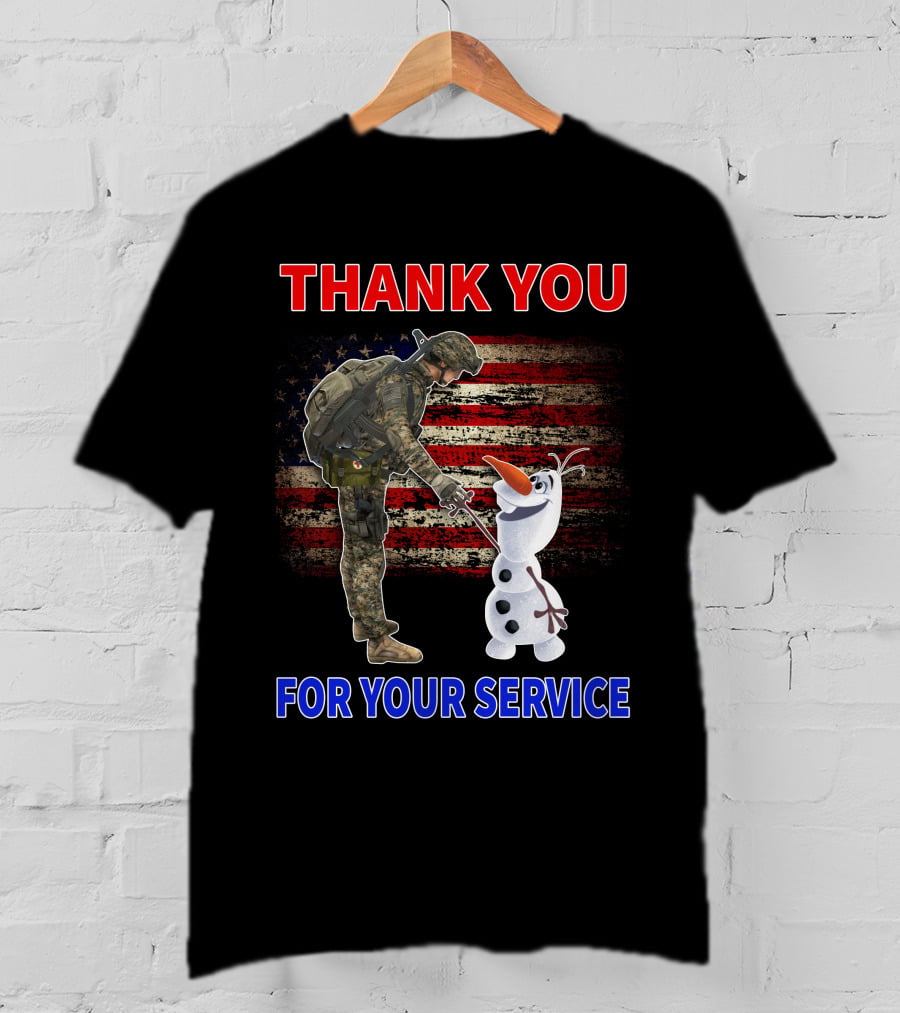 Thank You For Your Service Soldier With Olaf And American Flag T-Shirt