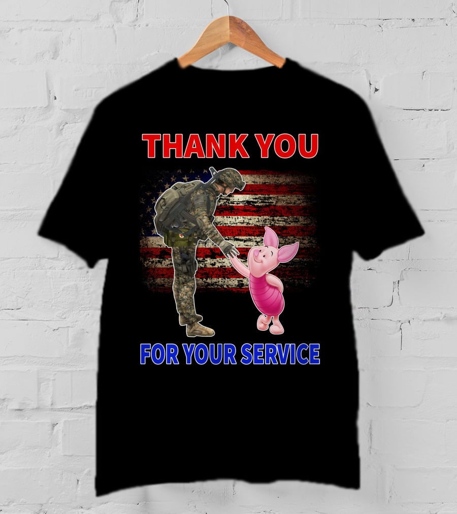 Thank You For Your Service Piglet Soldier American Flag T-Shirt