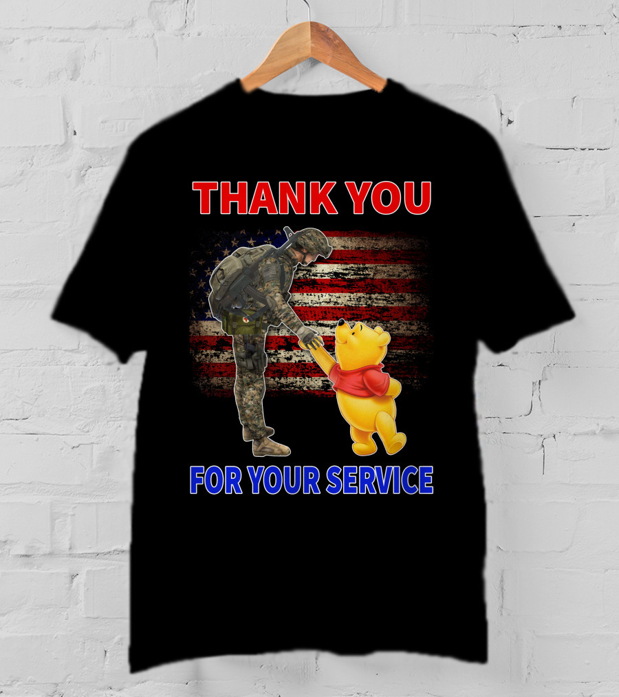Thank You For Your Service Soldier And Pooh With American Flag Background T-Shirt
