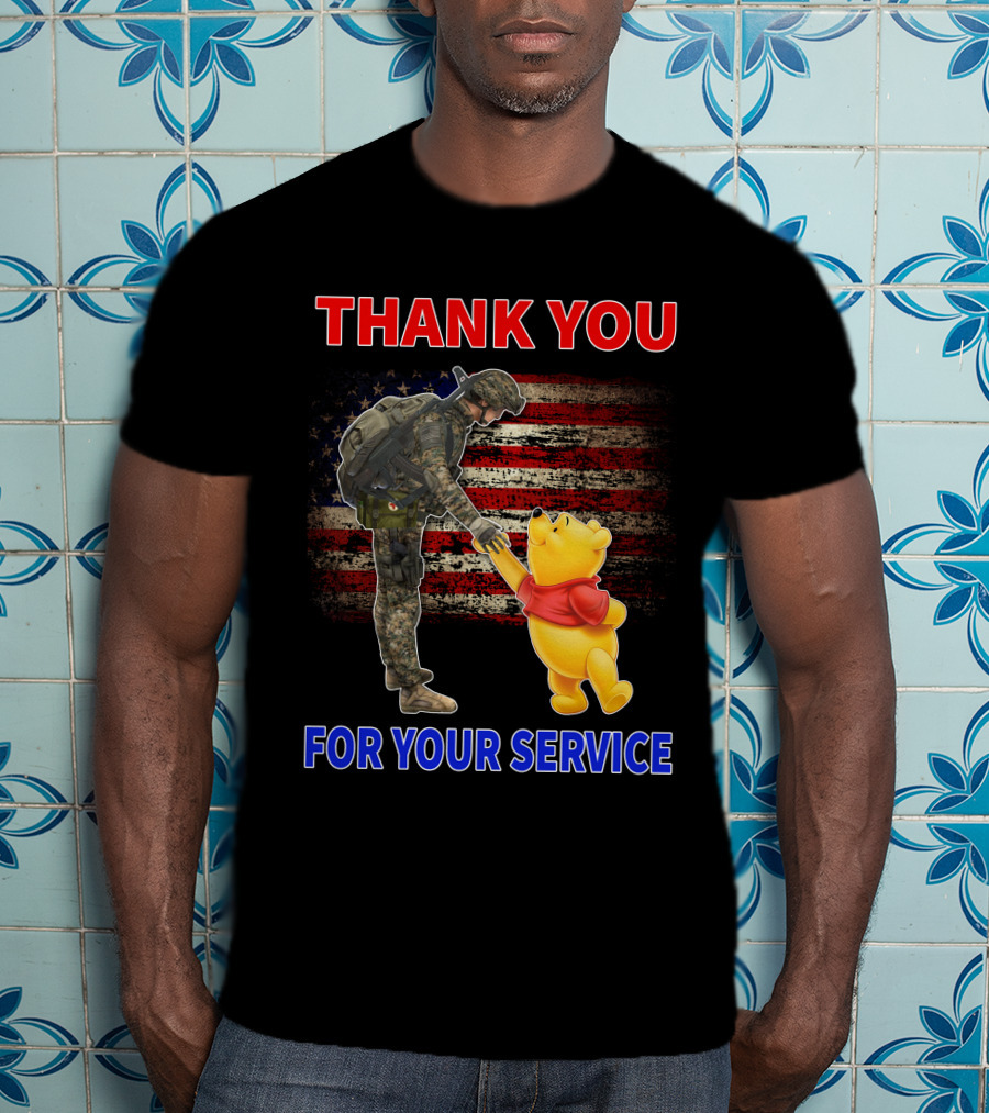 Thank You For Your Service Soldier And Pooh With American Flag Background T-Shirt