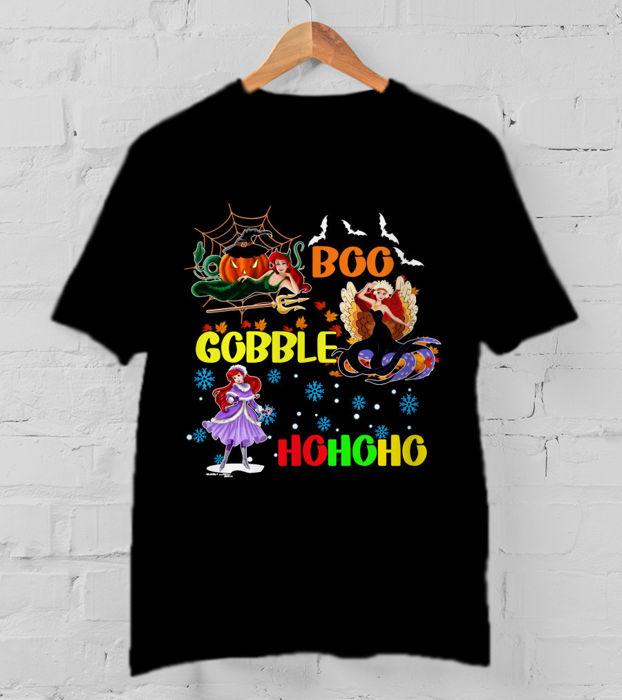 Boo Gobble HoHoHo Ariel HalloThanksMas T-Shirt