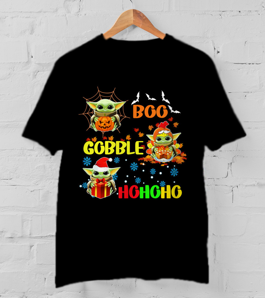 Baby Yoda Boo Gobble HoHoHo HalloThanksMas T-Shirt