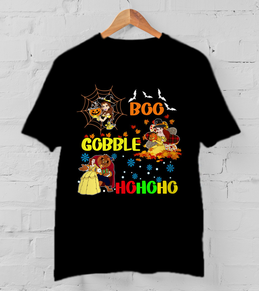 Boo Gobble Hohoho Belle HalloThanksMas T-Shirt