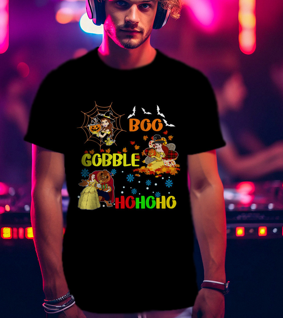 Boo Gobble Hohoho Belle HalloThanksMas T-Shirt
