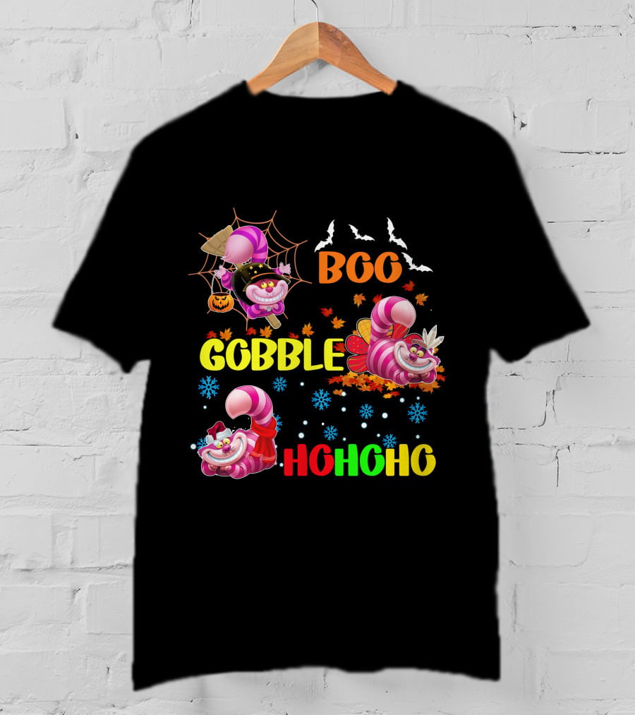 Cheshire Cat Boo Gobble HoHoHo HalloThanksMas T-Shirt