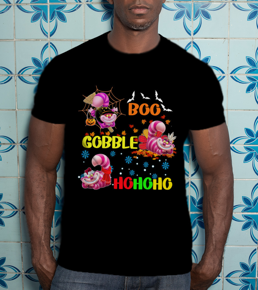 Cheshire Cat Boo Gobble HoHoHo HalloThanksMas T-Shirt
