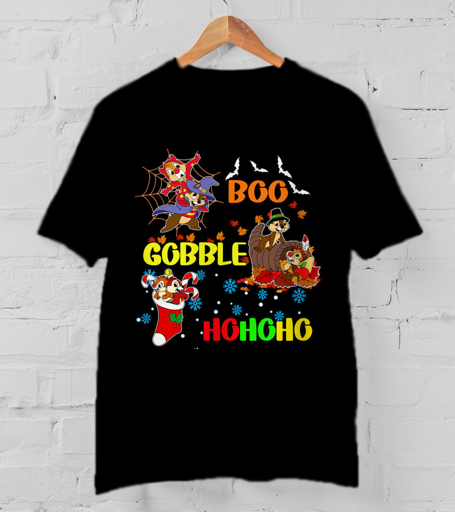 Chip And Dale Boo Gobble HoHoHo Halloween Thanksgiving Christmas T-Shirt