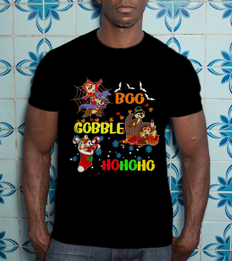 Chip And Dale Boo Gobble HoHoHo Halloween Thanksgiving Christmas T-Shirt