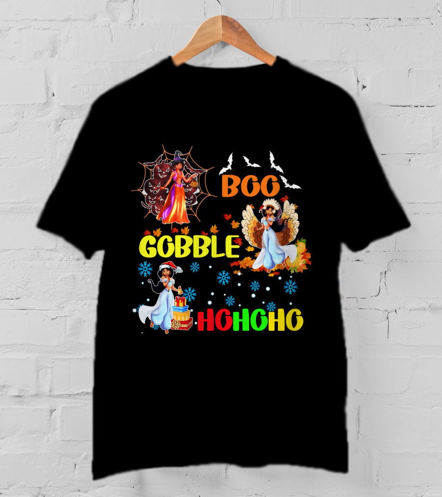 Jasmine Boo Gobble HoHoHo HalloThanksMas Bats Leaves Snowflakes T-Shirt