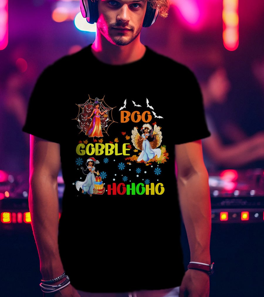 Jasmine Boo Gobble HoHoHo HalloThanksMas Bats Leaves Snowflakes T-Shirt