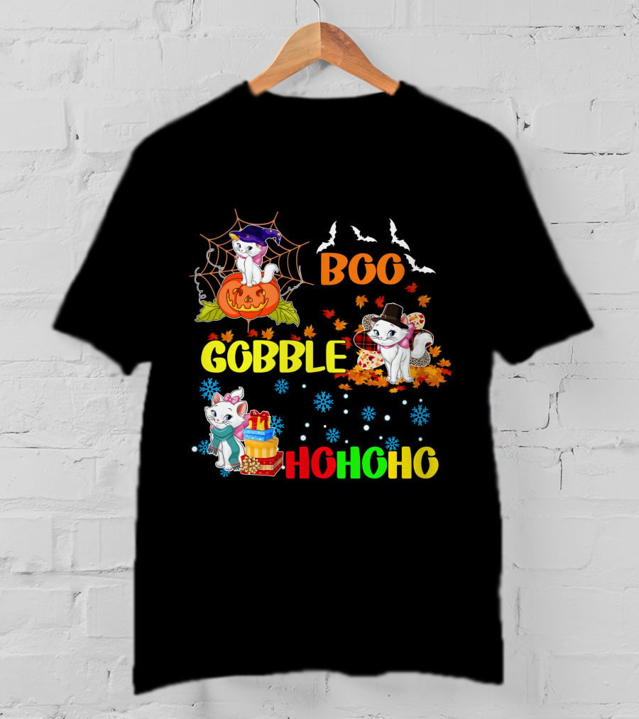 Marie Cat Boo Gobble HoHoHo HalloThanksMas T-Shirt