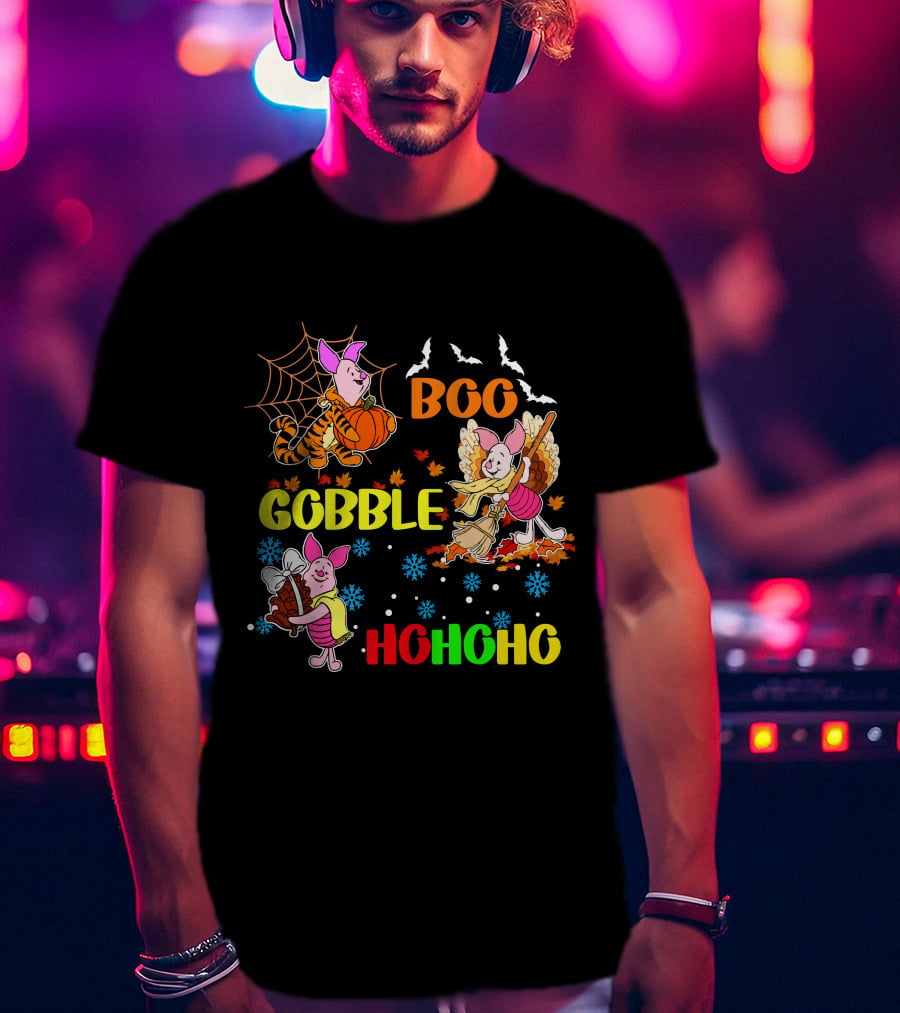 Piglet Boo Gobble HoHoHo HalloThanksMas T-Shirt