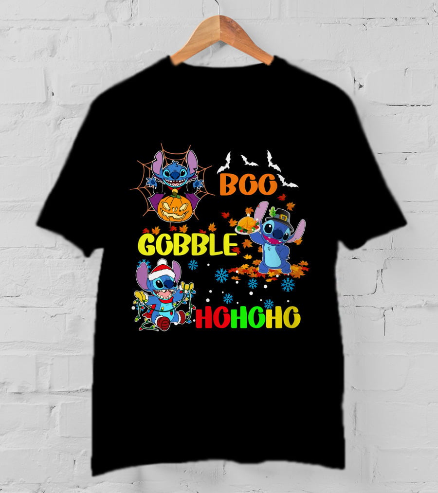 Stitch Boo Gobble Ho Ho Ho HalloThanksMas T-Shirt
