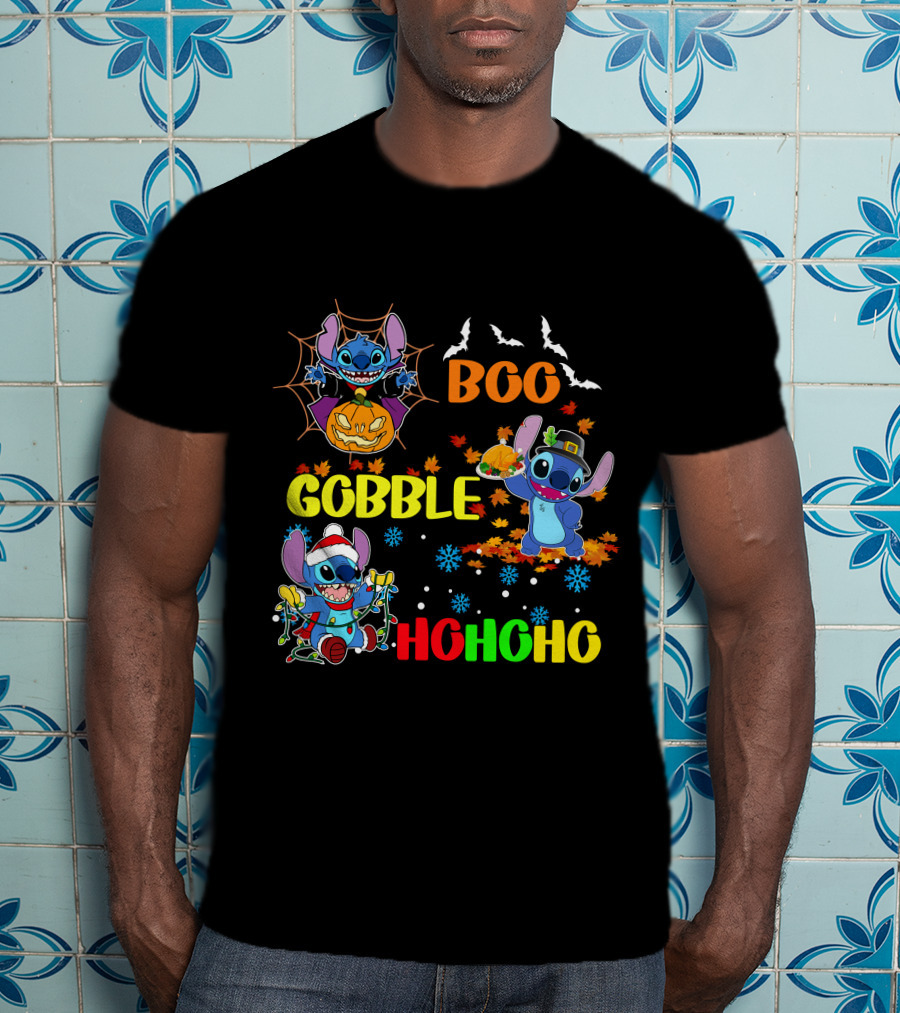 Stitch Boo Gobble Ho Ho Ho HalloThanksMas T-Shirt