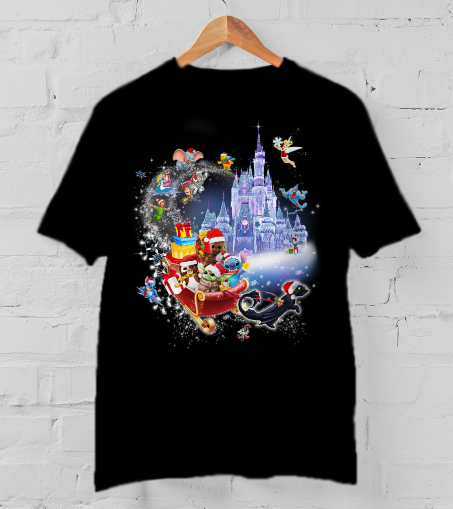 Baby Yoda Christmas Disney Castle Santa Sleigh Tinker Bell Stitch Dumbo Gifts T-Shirt