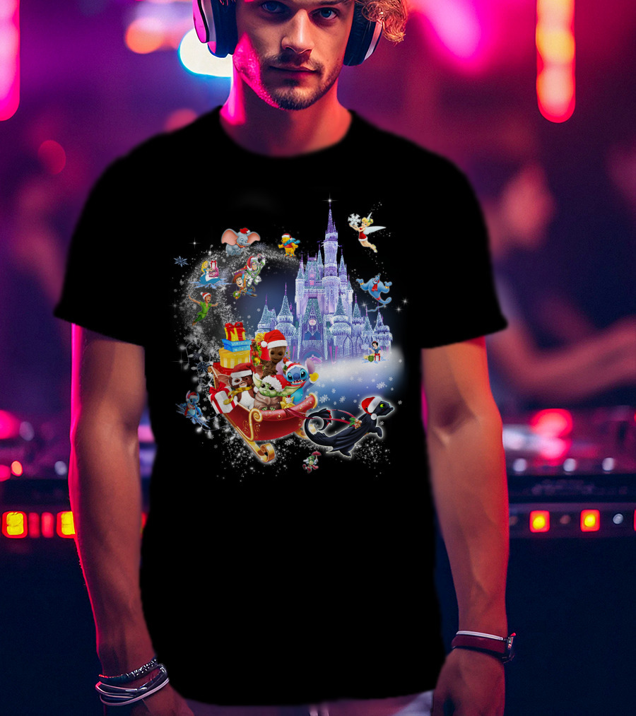 Baby Yoda Christmas Disney Castle Santa Sleigh Tinker Bell Stitch Dumbo Gifts T-Shirt
