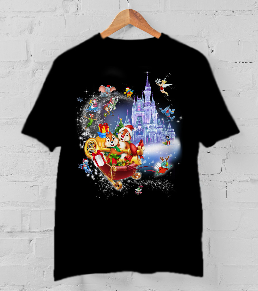 Chip And Dale Christmas Castle With Sleigh And Gifts T-Shirt