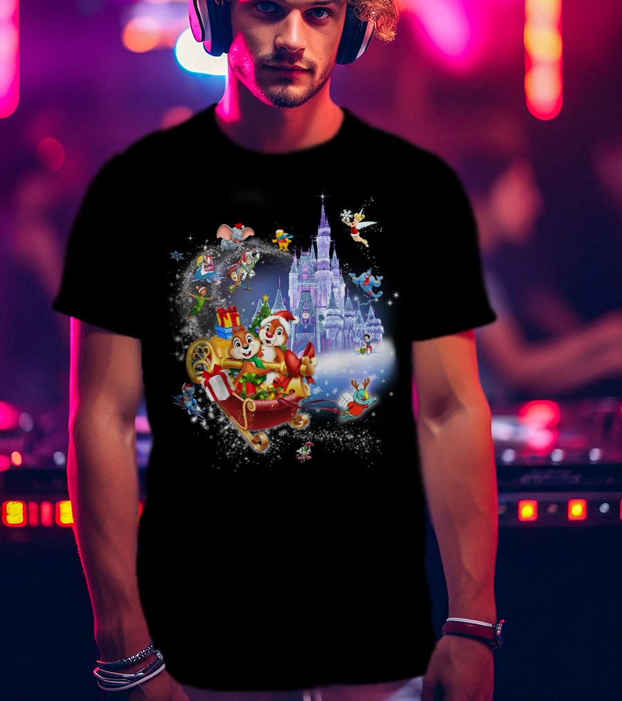 Chip And Dale Christmas Castle With Sleigh And Gifts T-Shirt
