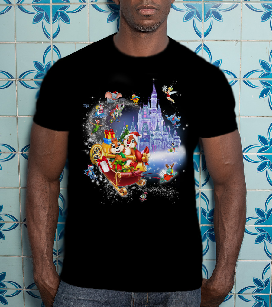 Chip And Dale Christmas Castle With Sleigh And Gifts T-Shirt