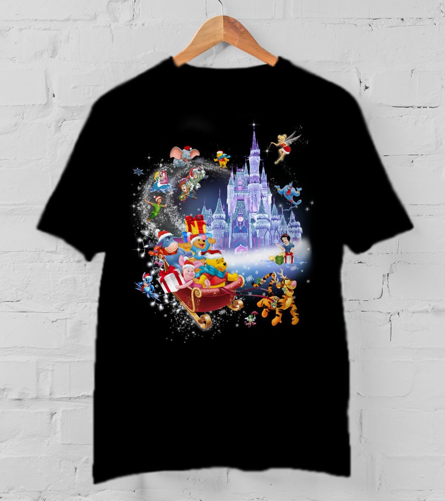 Pooh Christmas Disney Winter Wonderland With Castle And Characters T-Shirt