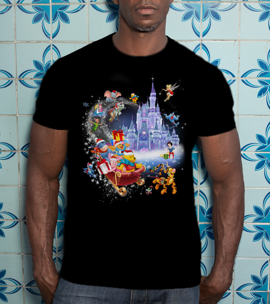 Pooh Christmas Disney Winter Wonderland With Castle And Characters T-Shirt