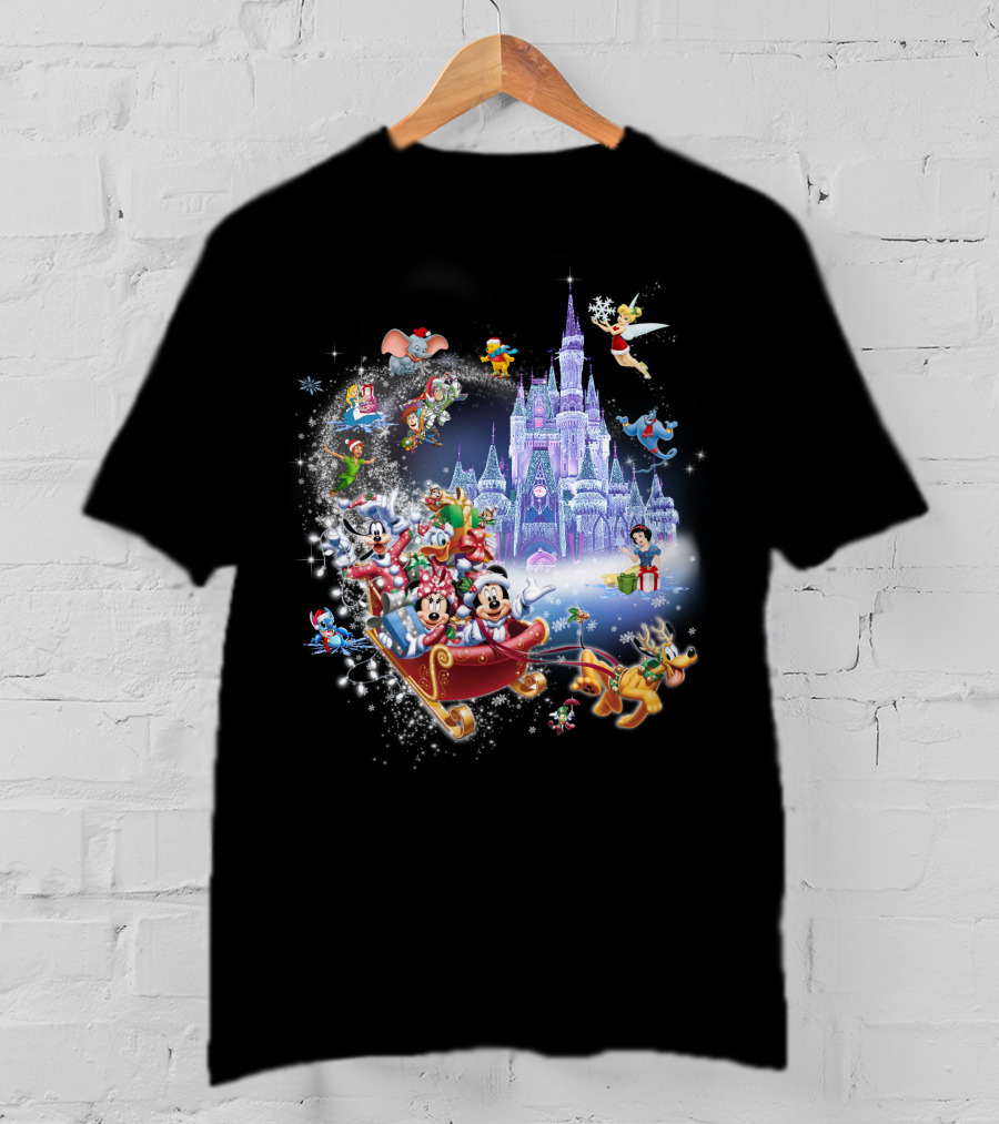 Mickey And Minnie Christmas With Castle, Disney Characters, And Winter Wonderland Holiday Scene T-Shirt