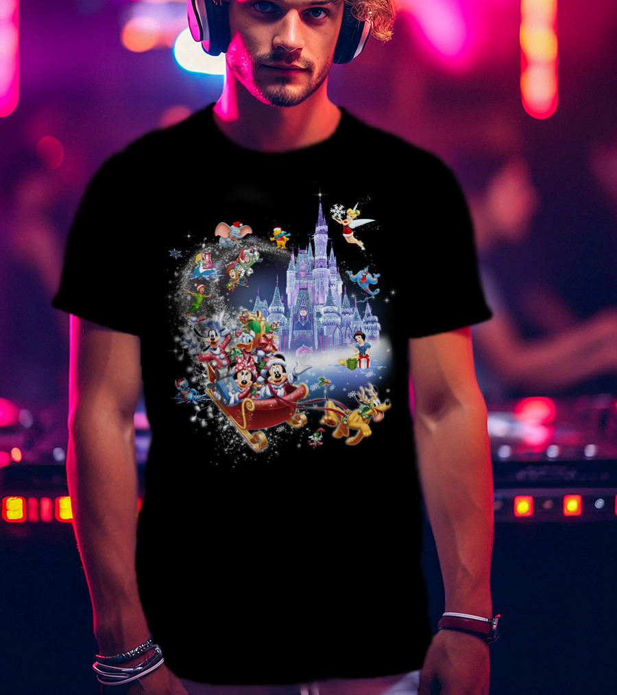 Mickey And Minnie Christmas With Castle, Disney Characters, And Winter Wonderland Holiday Scene T-Shirt