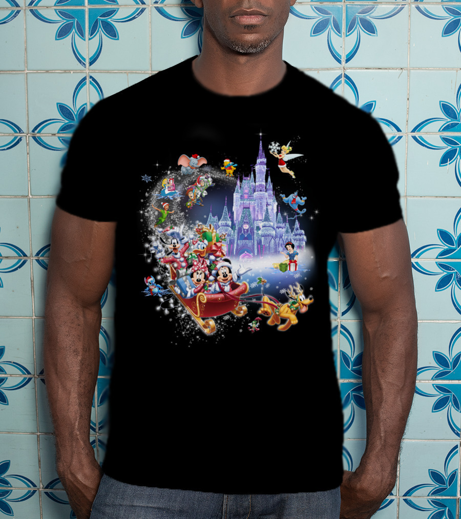Mickey And Minnie Christmas With Castle, Disney Characters, And Winter Wonderland Holiday Scene T-Shirt