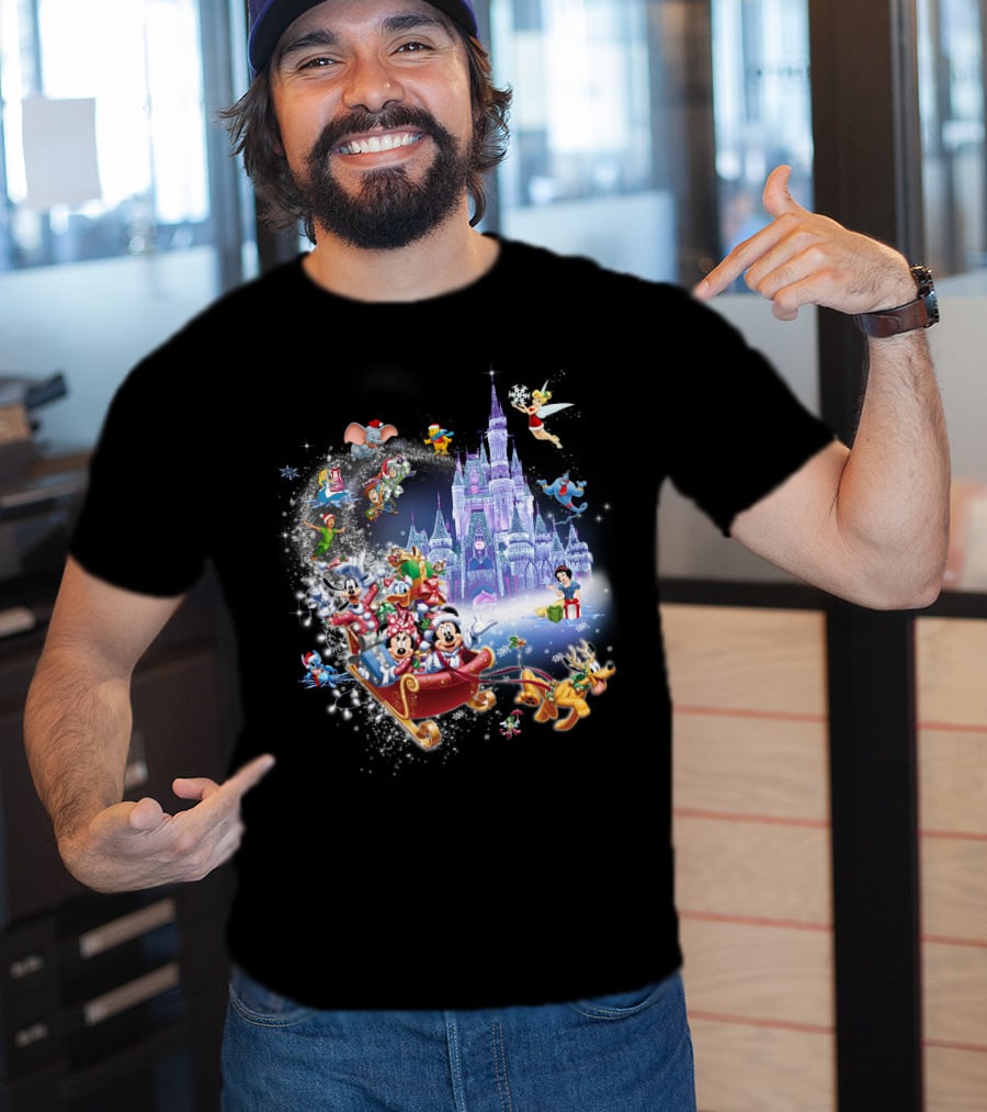 Mickey And Minnie Christmas With Castle, Disney Characters, And Winter Wonderland Holiday Scene T-Shirt